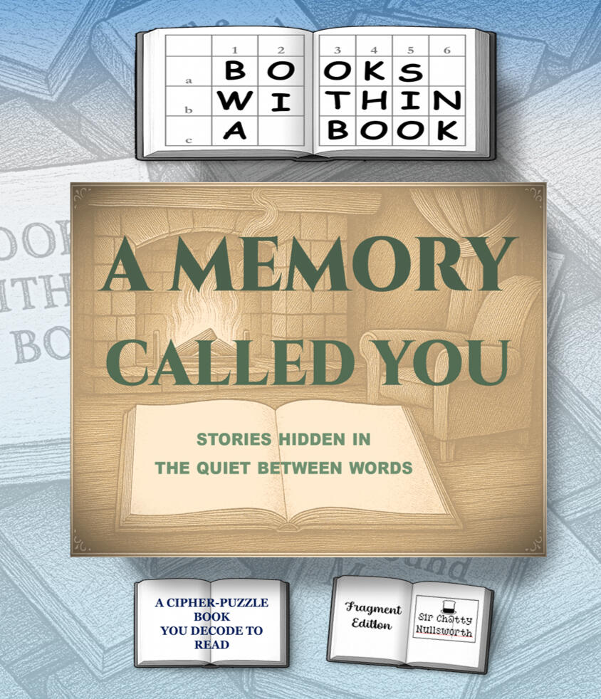 Books Within a Book isn’t meant to be read — it’s meant to be solved. Each volume is a cipher-puzzle narrative, where short stories hide behind encoded fragments. To uncover them, you must decode the coordinates. What emerges isn’t just fiction — it’s som